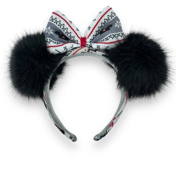 Disney Minnie Mouse Holiday Christmas Faux Fur Fuzzy Ears Sweater Bow Headband - Picture 4 of 5